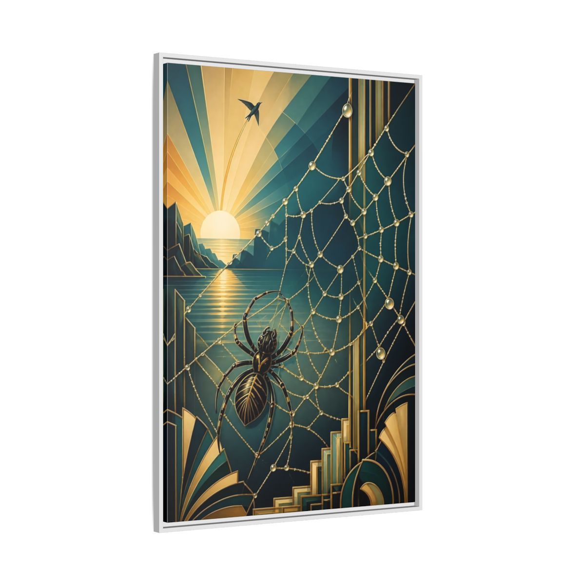 Side Mockup 7. Art Deco Spider Sunrise shown as framed canvas print