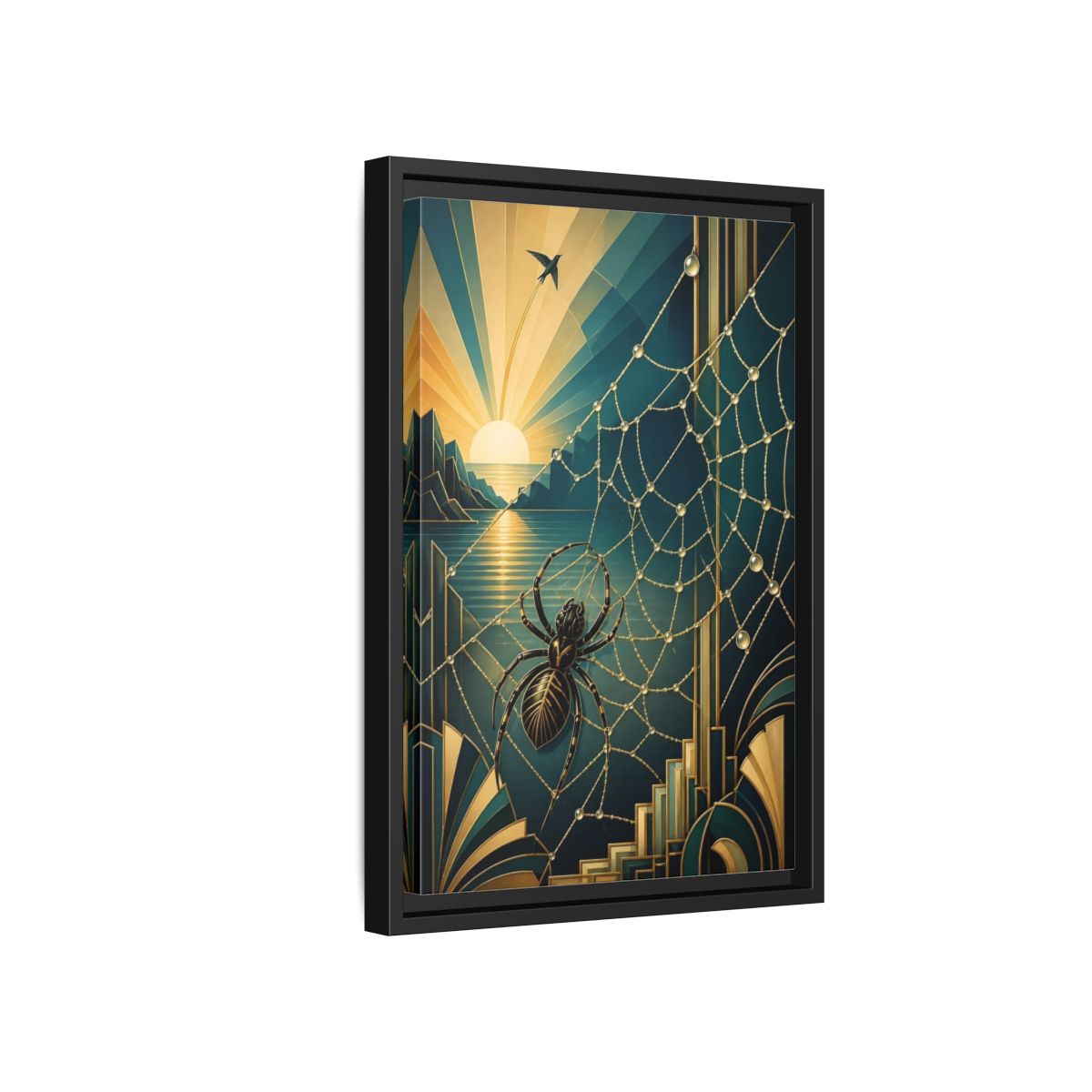Side Mockup 6. Art Deco Spider Sunrise shown as framed canvas print
