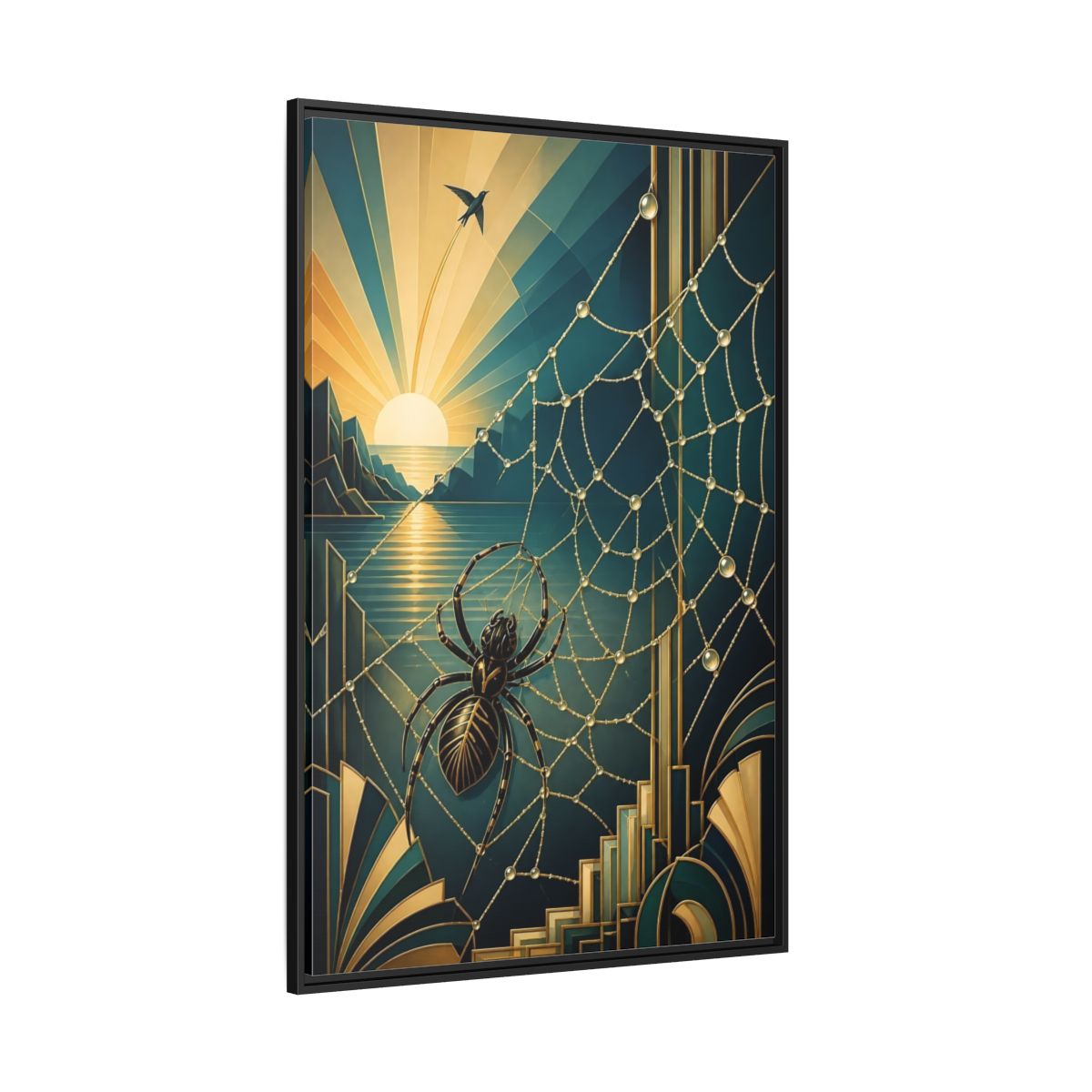 Side Mockup 12. Art Deco Spider Sunrise shown as framed canvas print