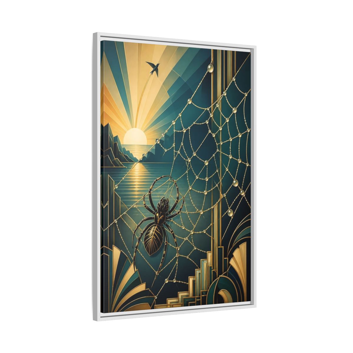 Side Mockup 9. Art Deco Spider Sunrise shown as framed canvas print