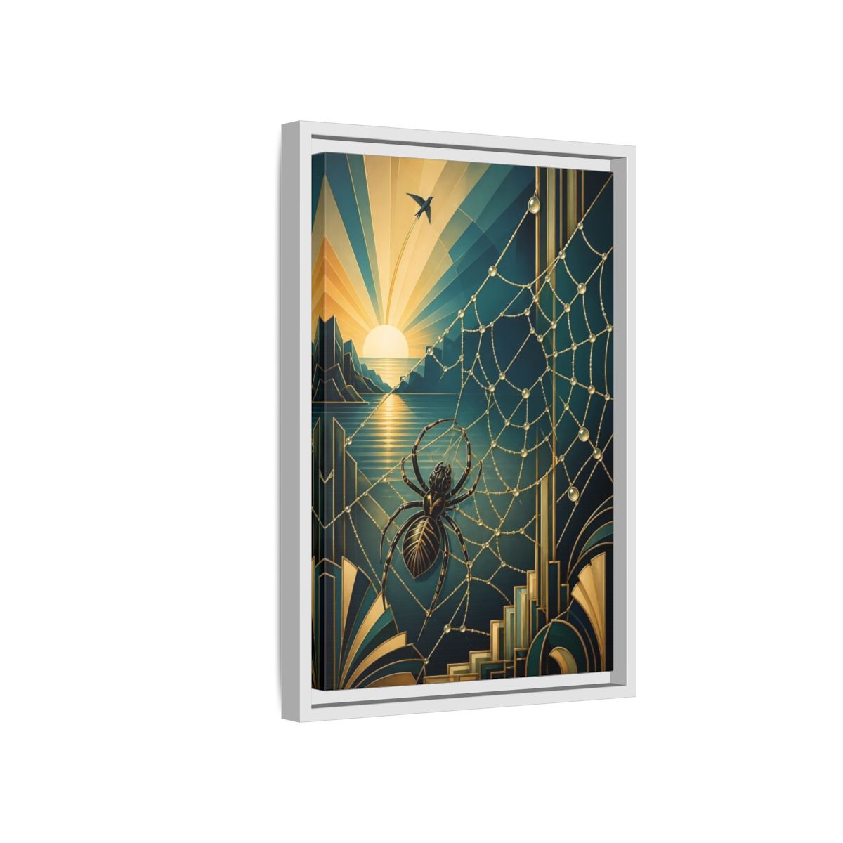 Side Mockup 4. Art Deco Spider Sunrise shown as framed canvas print