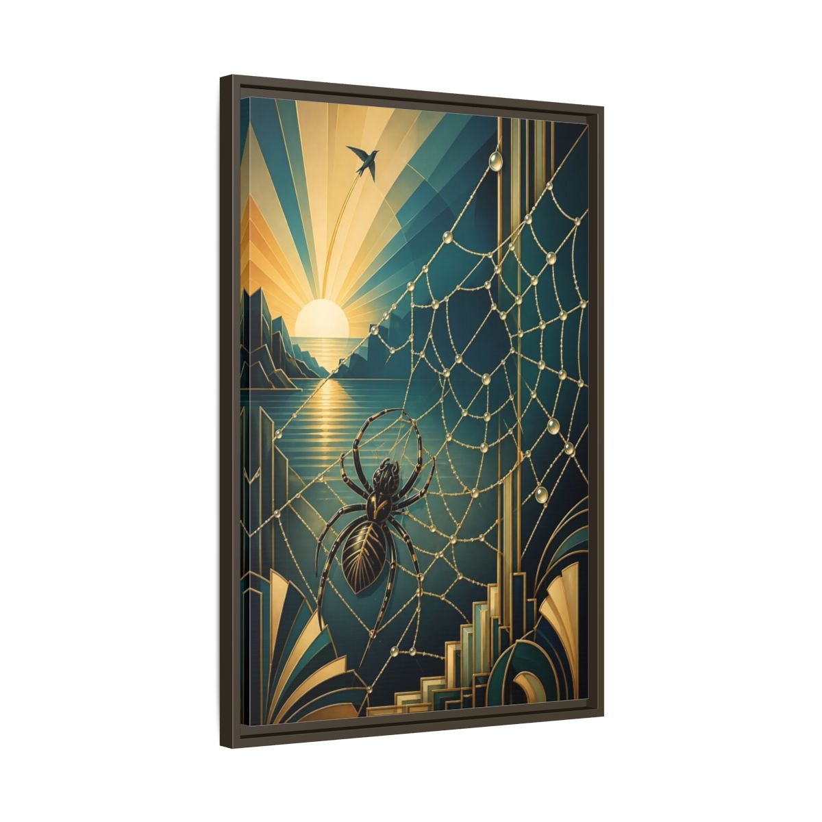 Side Mockup 11. Art Deco Spider Sunrise shown as framed canvas print