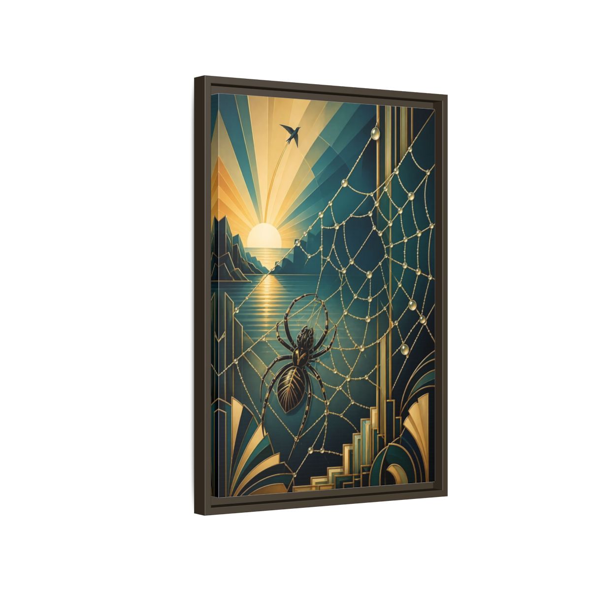 Side Mockup 2. Art Deco Spider Sunrise shown as framed canvas print