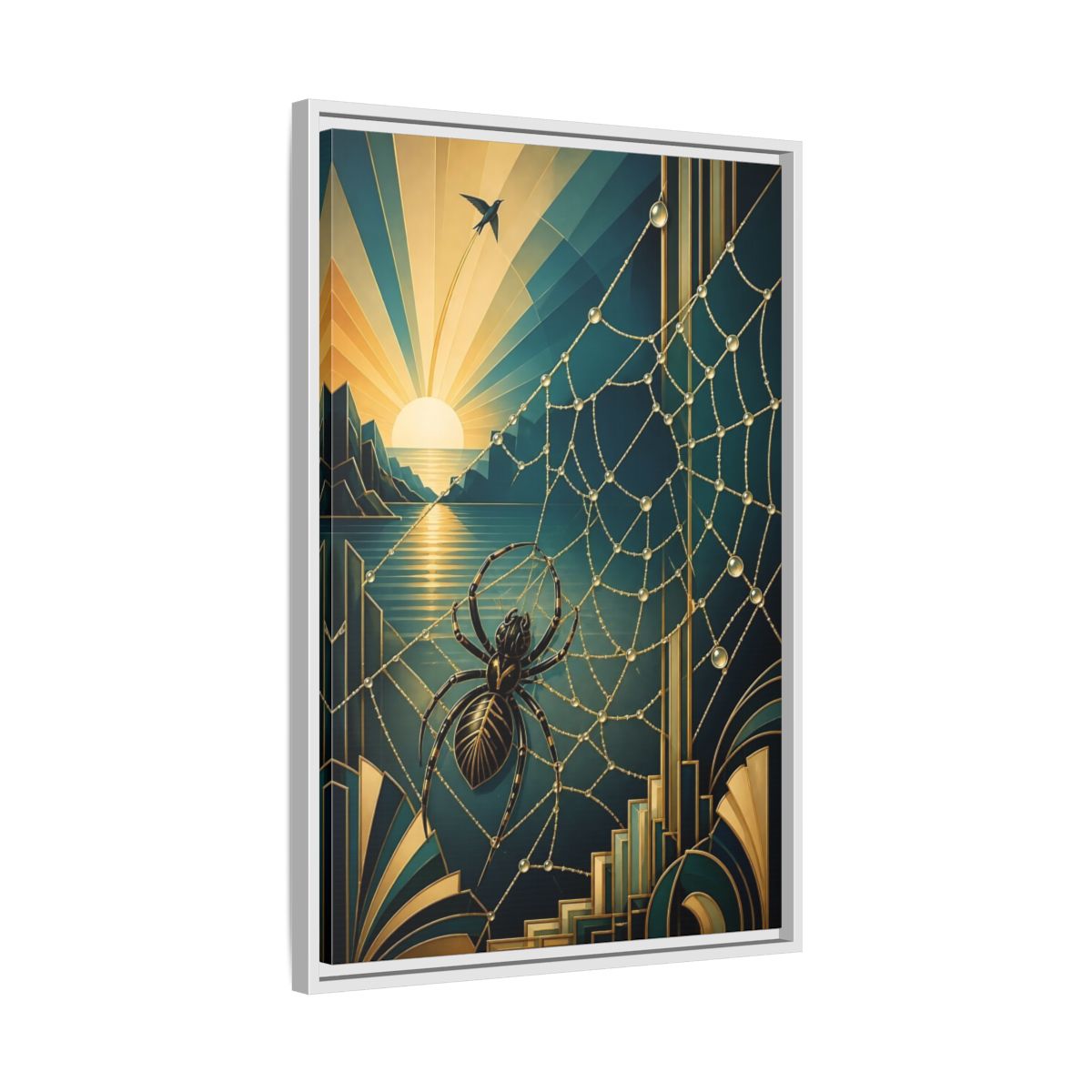 Side Mockup 10. Art Deco Spider Sunrise shown as framed canvas print