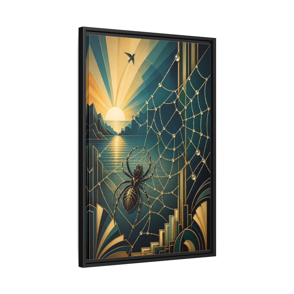 Side Mockup 14. Art Deco Spider Sunrise shown as framed canvas print