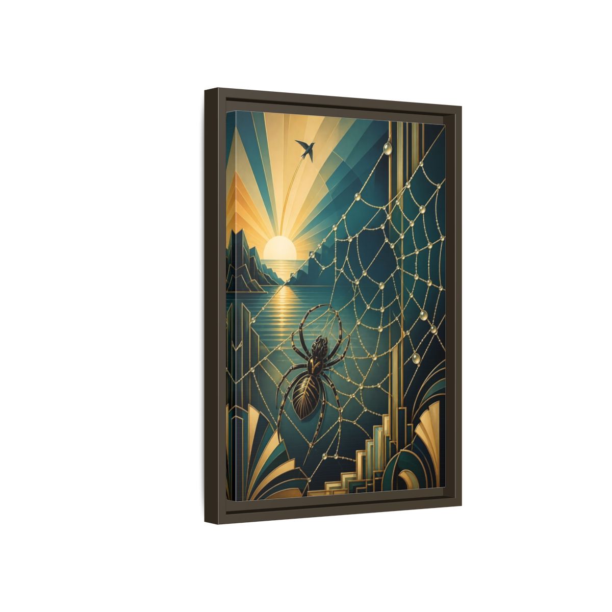 Side Mockup 5. Art Deco Spider Sunrise shown as framed canvas print