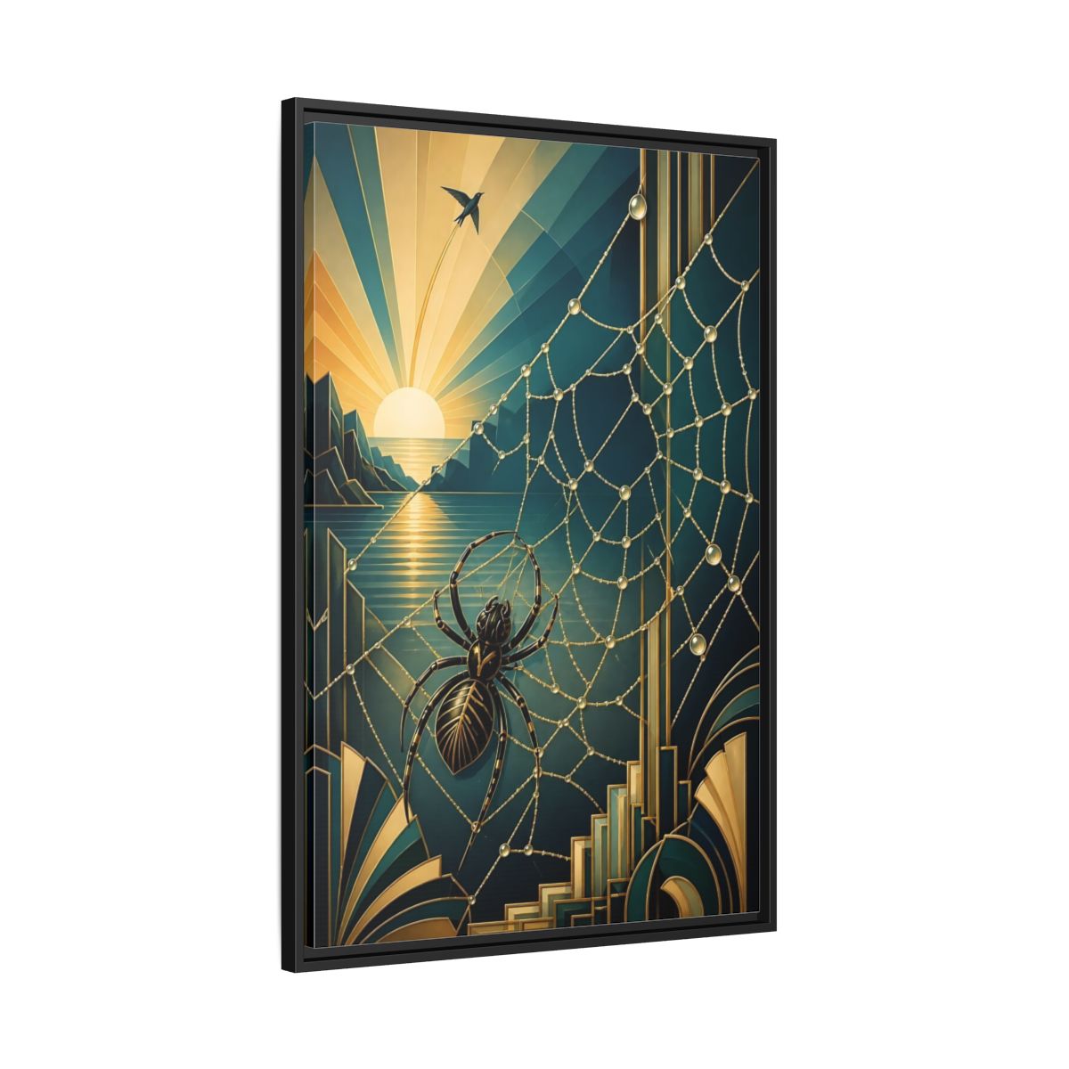Side Mockup 13. Art Deco Spider Sunrise shown as framed canvas print