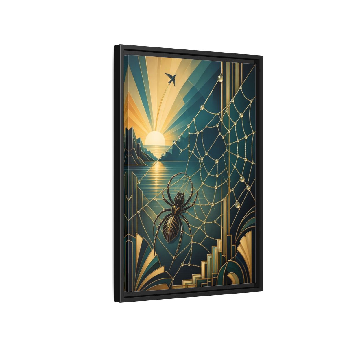 Side Mockup 3. Art Deco Spider Sunrise shown as framed canvas print