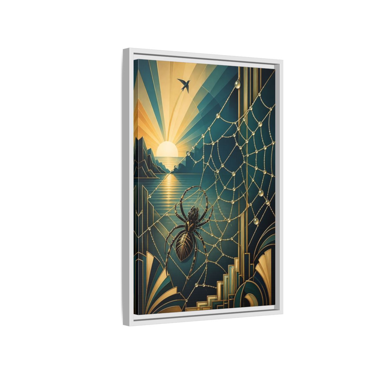 Side Mockup 1. Art Deco Spider Sunrise shown as framed canvas print