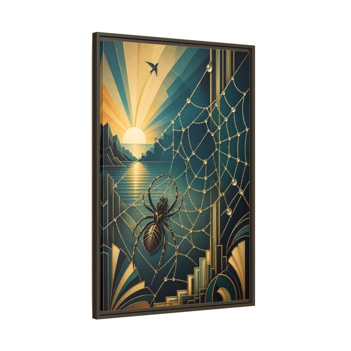 Main Mockup. Art Deco Spider Sunrise shown as framed canvas print