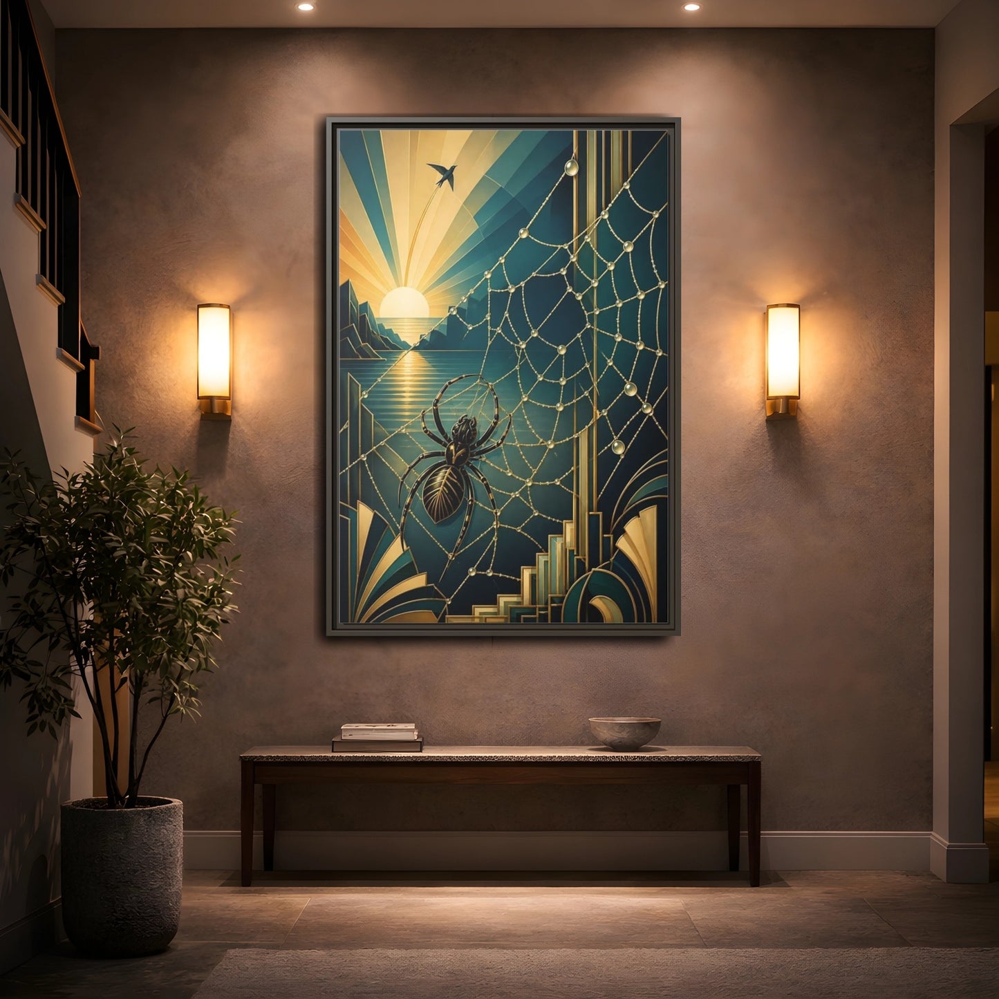 Mockup 2. Art Deco Spider Sunrise shown as framed canvas print