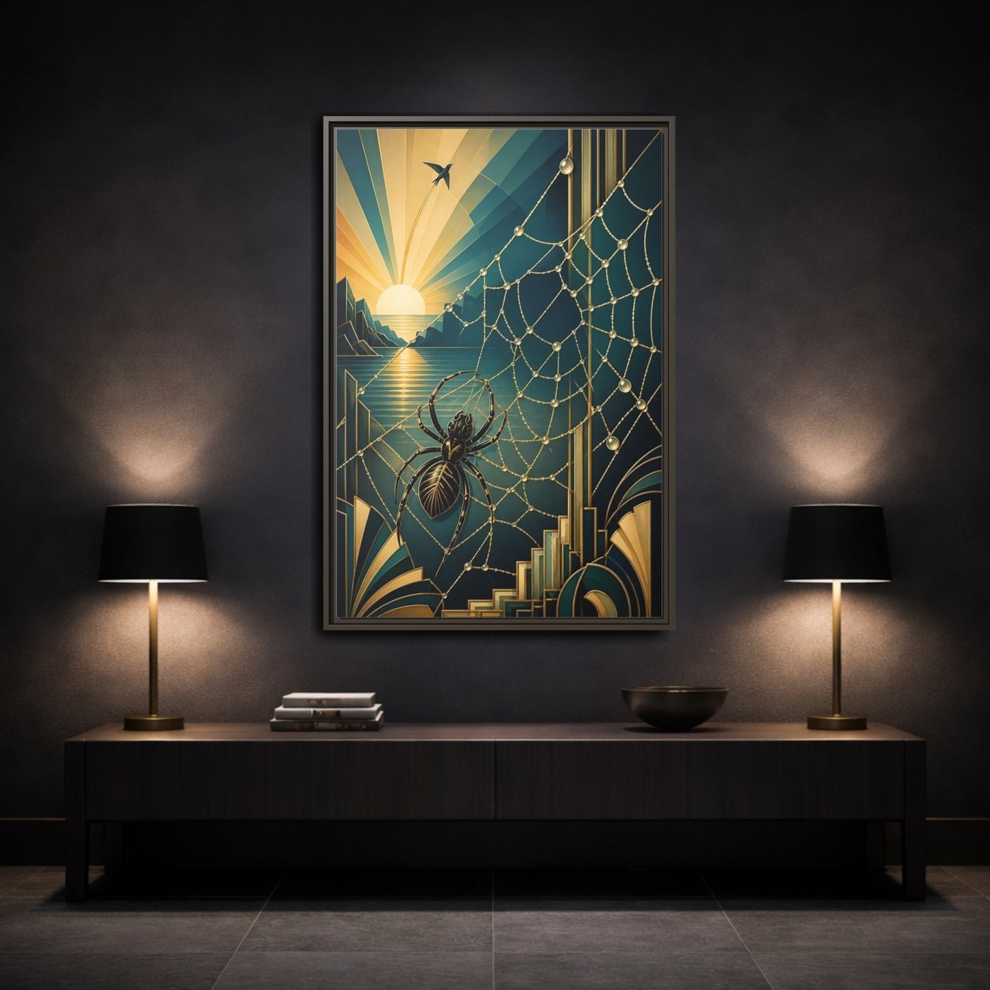 Mockup 3. Art Deco Spider Sunrise shown as framed canvas print