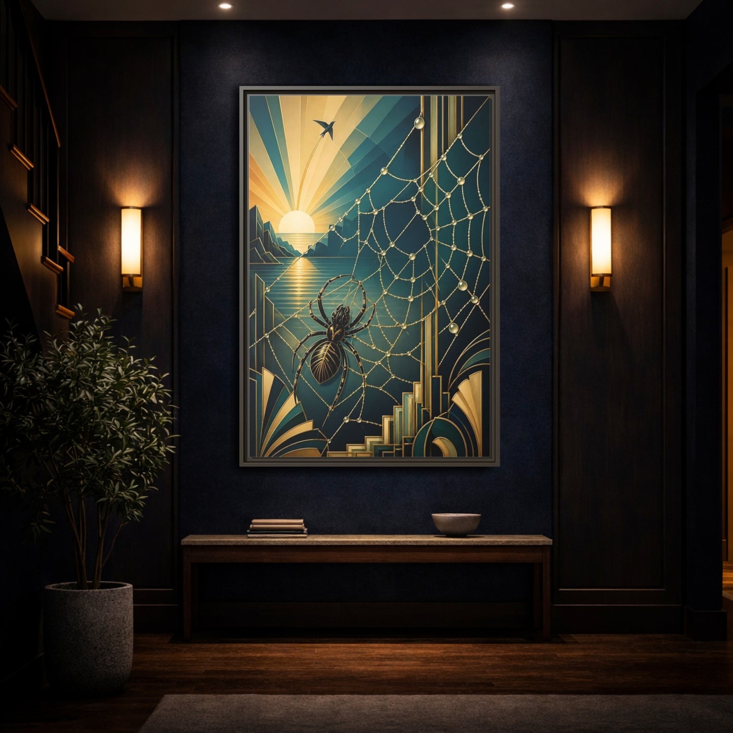 Mockup 4. Art Deco Spider Sunrise shown as framed canvas print