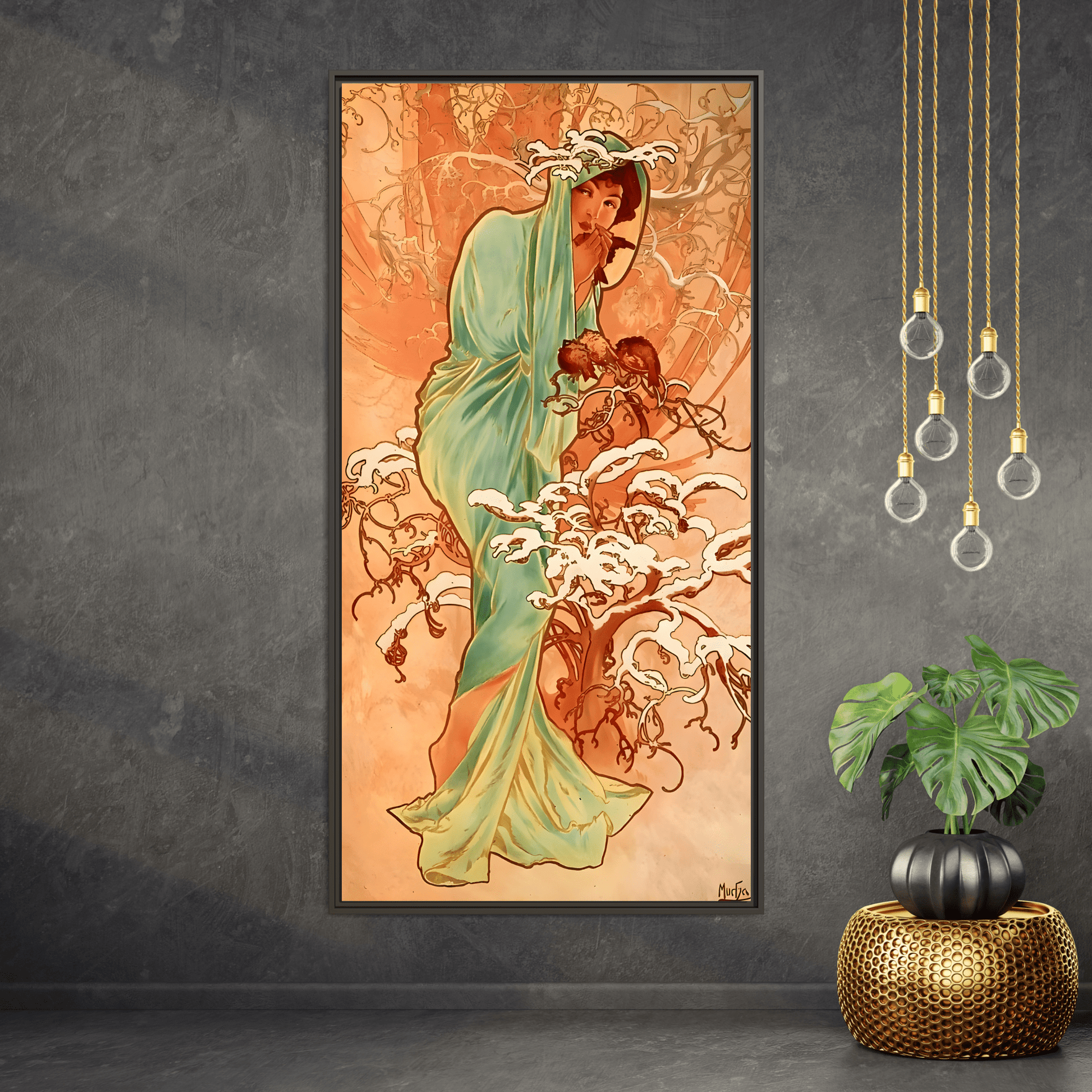 Art Nouveau Mucha Framed Canvas Print - Large Elegant Woman in Nature - YesArtYes