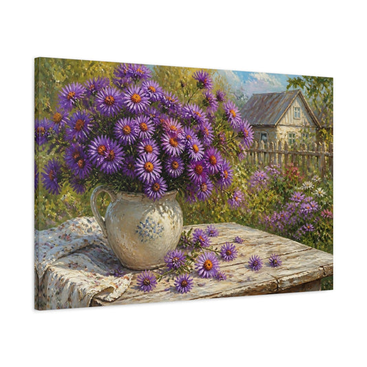 Main Mockup. Asters In Rustic Pitcher shown as canvas print