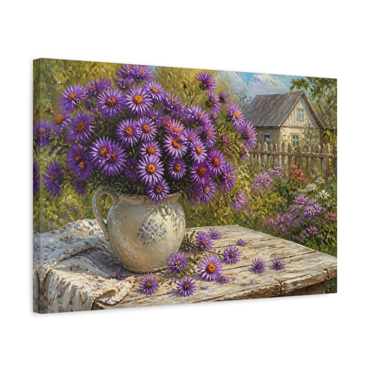 Side Mockup 3. Asters In Rustic Pitcher shown as canvas print