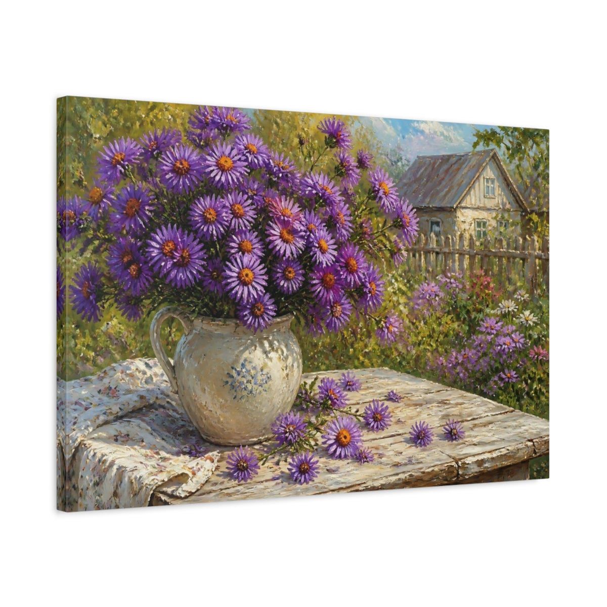 Side Mockup 2. Asters In Rustic Pitcher shown as canvas print