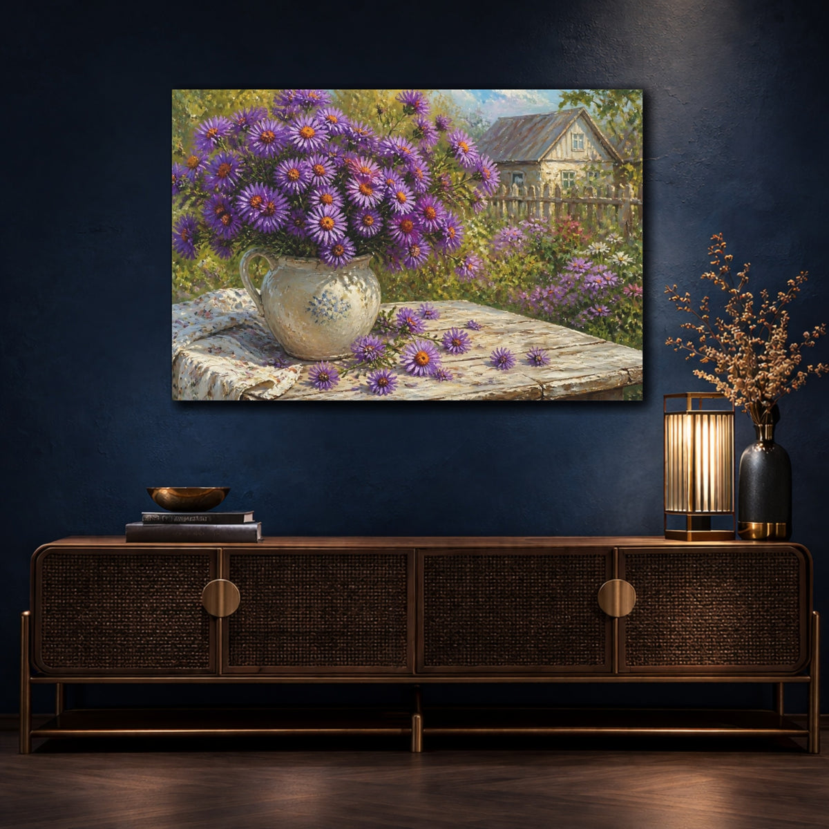Mockup 4. Asters In Rustic Pitcher shown as canvas print