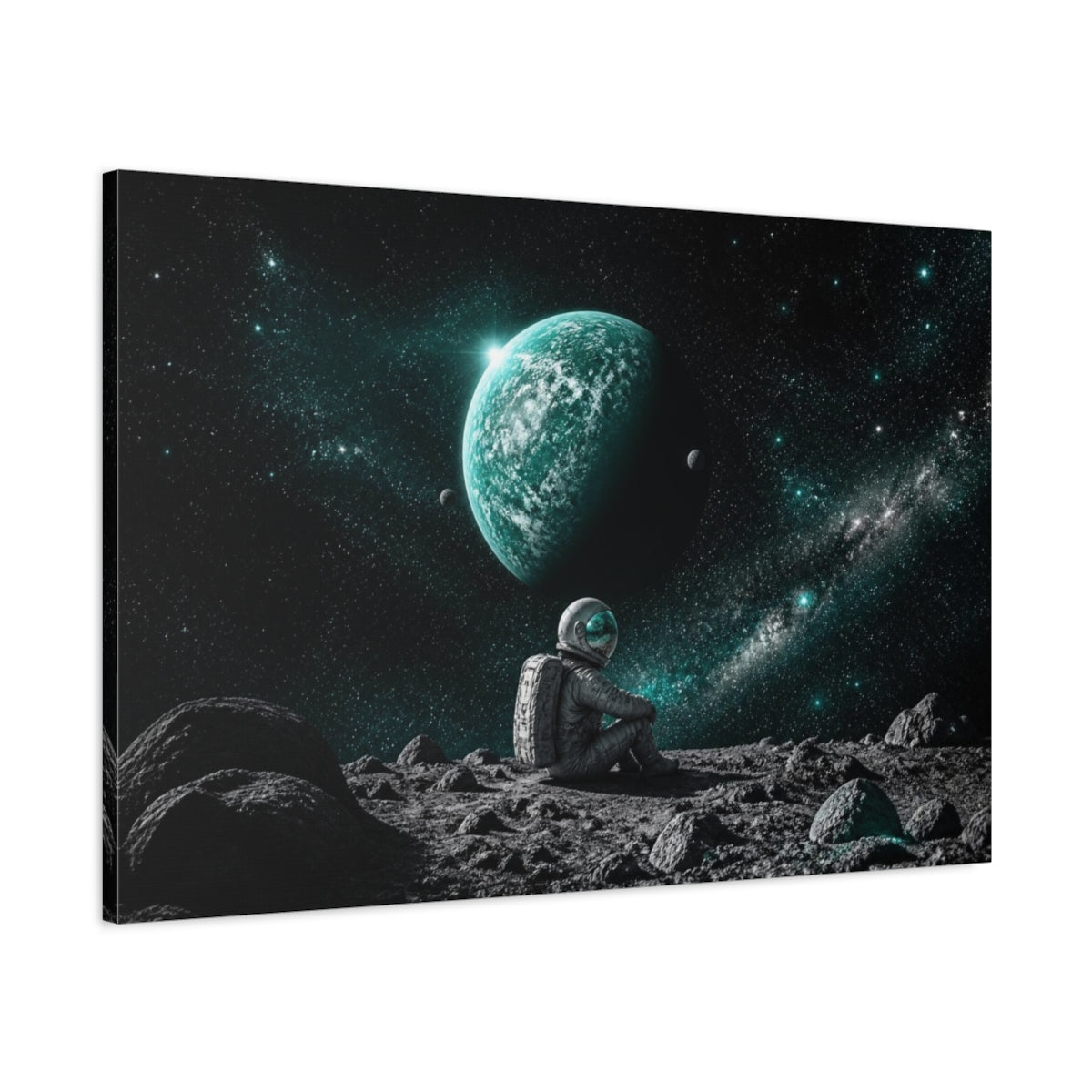 Main Mockup. Astronaut Gazing At Turquoise Planet shown as canvas print