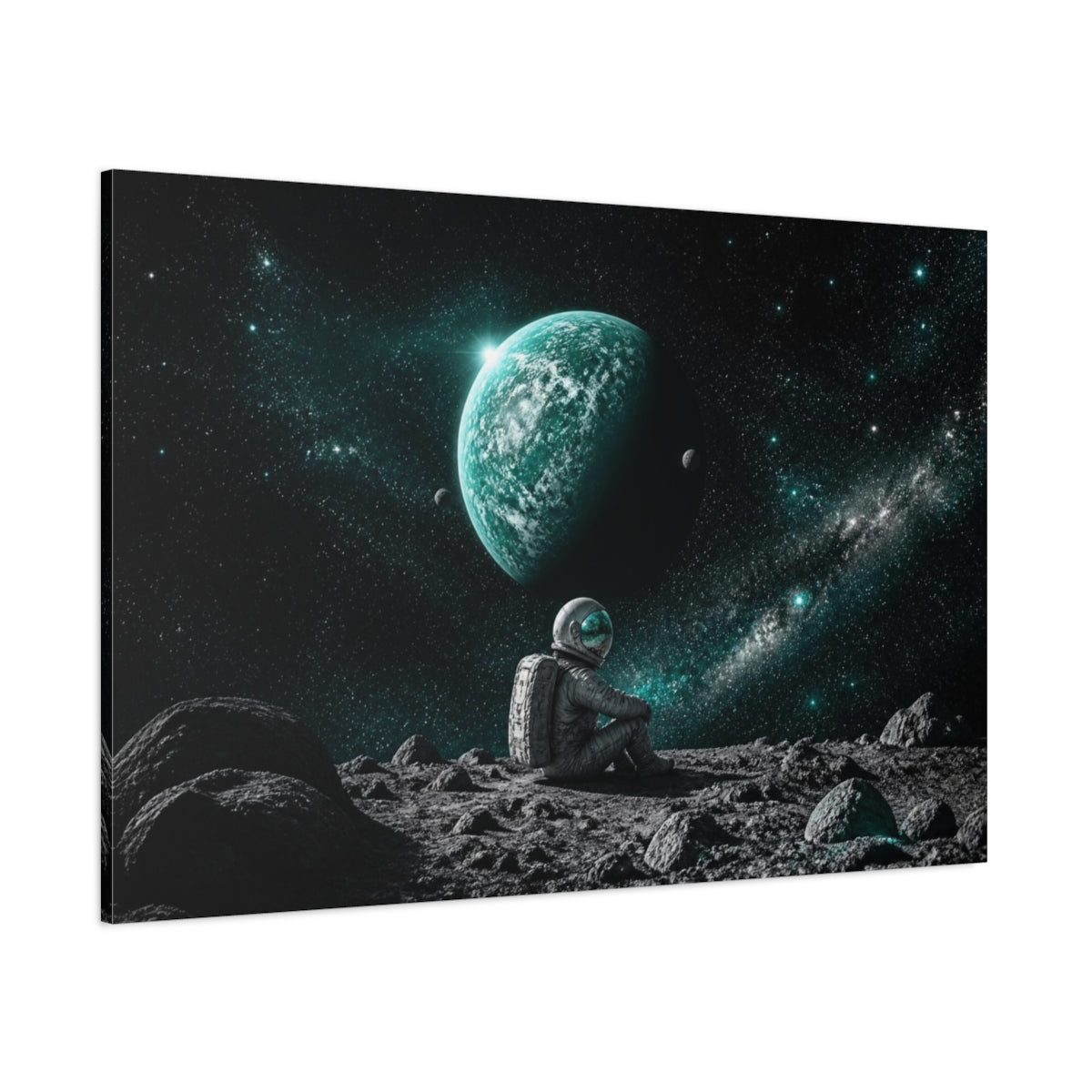 Side Mockup 1. Astronaut Gazing At Turquoise Planet shown as canvas print