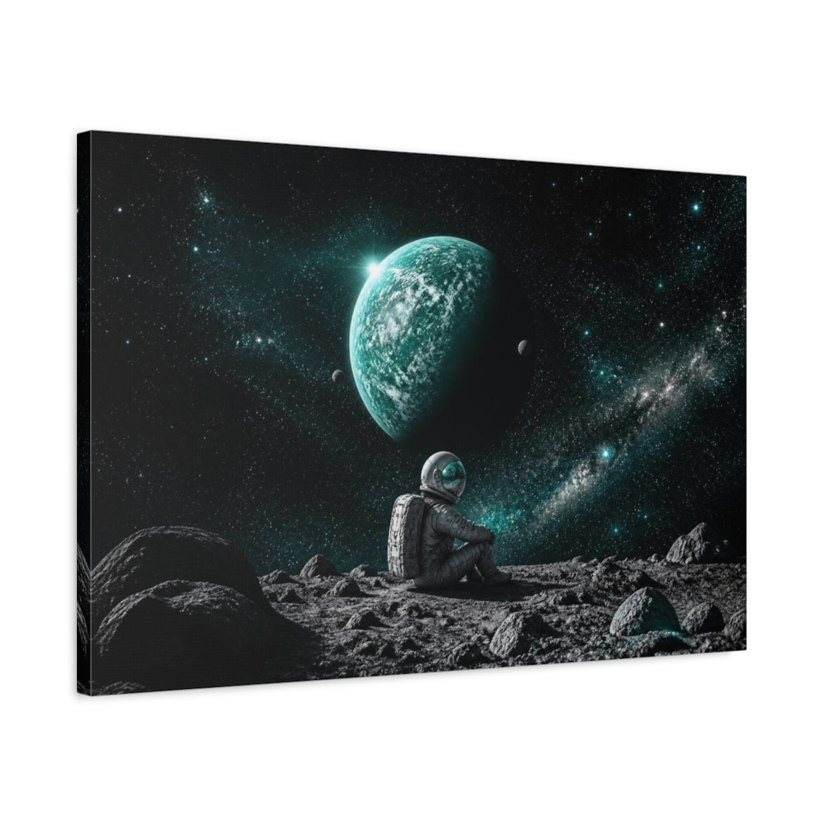 Side Mockup 2. Astronaut Gazing At Turquoise Planet shown as canvas print