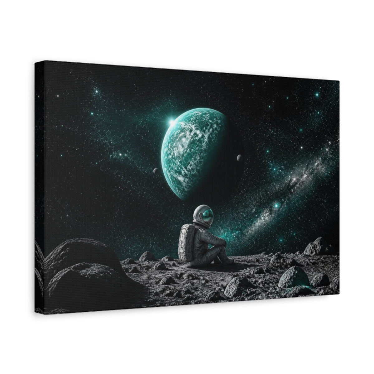 Side Mockup 4. Astronaut Gazing At Turquoise Planet shown as canvas print