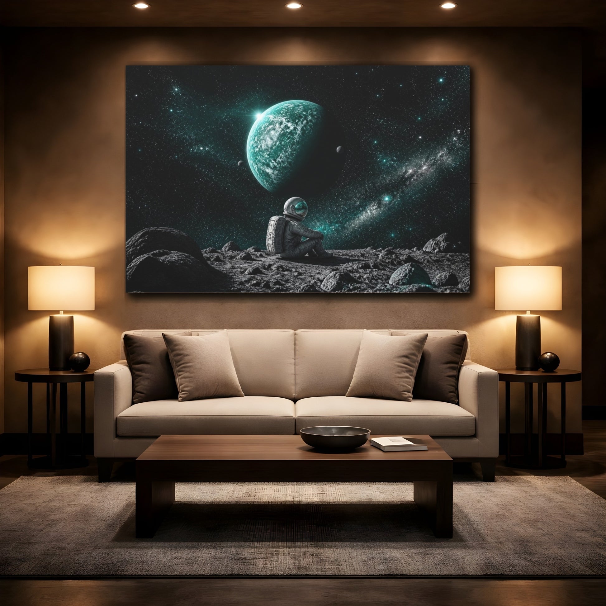 Mockup 2. Astronaut Gazing At Turquoise Planet shown as canvas print