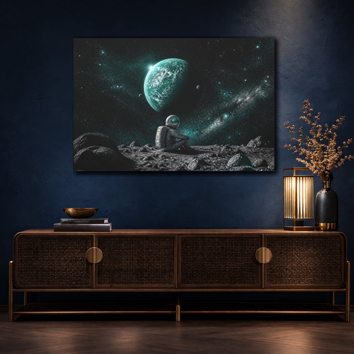 Mockup 4. Astronaut Gazing At Turquoise Planet shown as canvas print