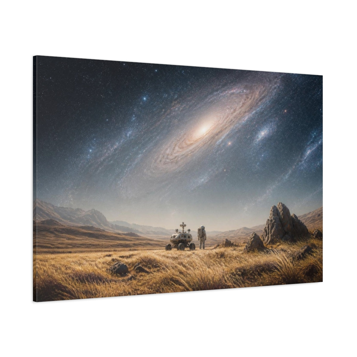 Side Mockup 1. Astronaut On Alien Plain shown as canvas print