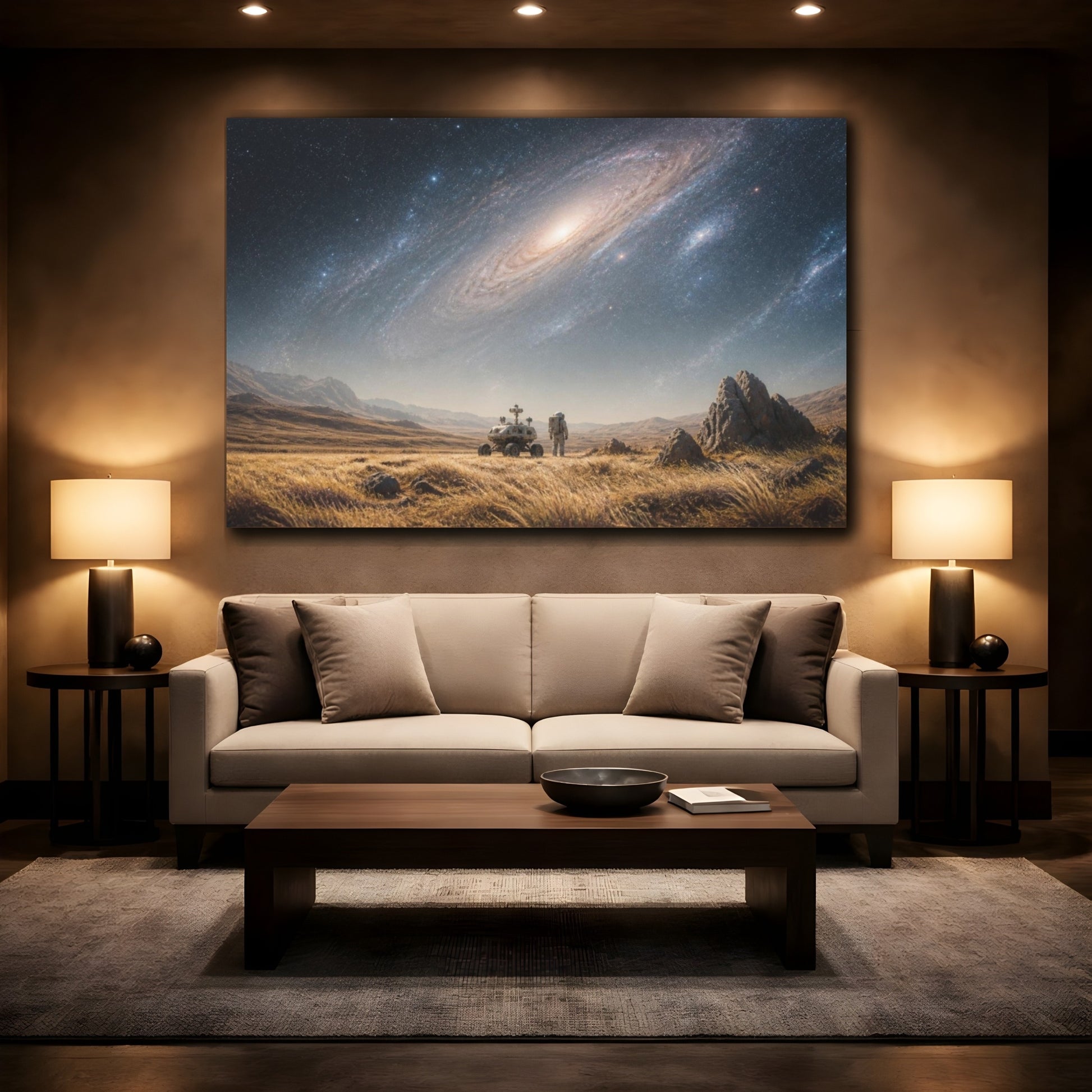 Mockup 2. Astronaut On Alien Plain shown as canvas print