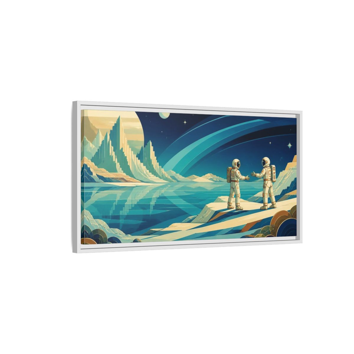 Side Mockup 1. Astronauts On Frozen Lake shown as framed canvas print