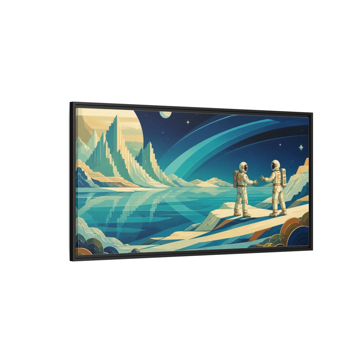 Side Mockup 5. Astronauts On Frozen Lake shown as framed canvas print