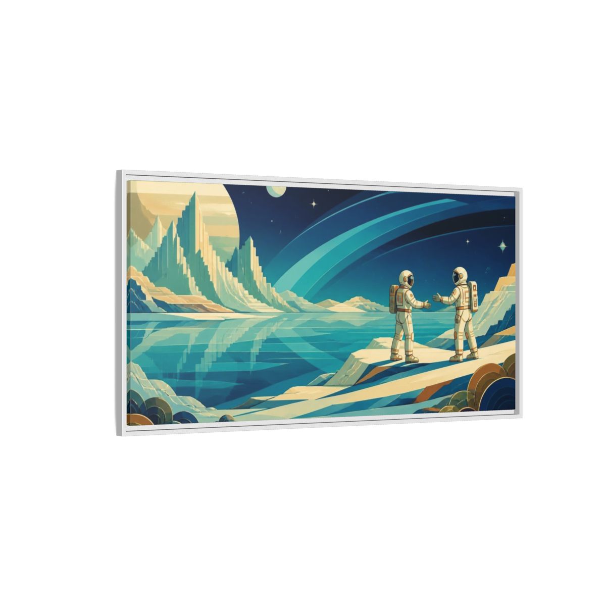 Side Mockup 3. Astronauts On Frozen Lake shown as framed canvas print