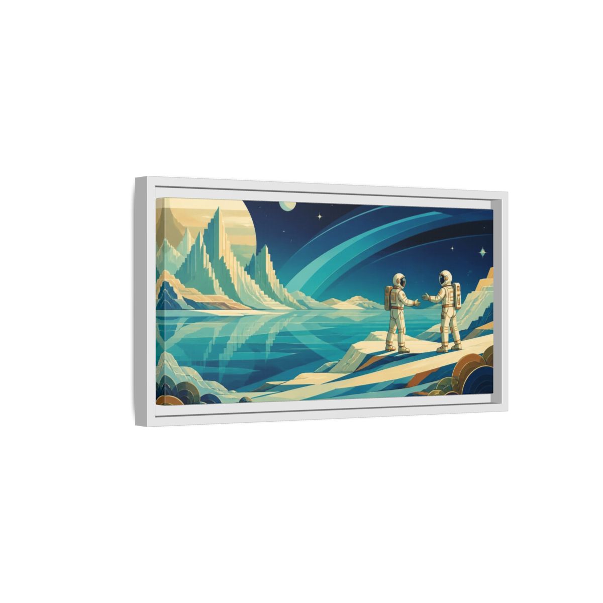 Side Mockup 6. Astronauts On Frozen Lake shown as framed canvas print