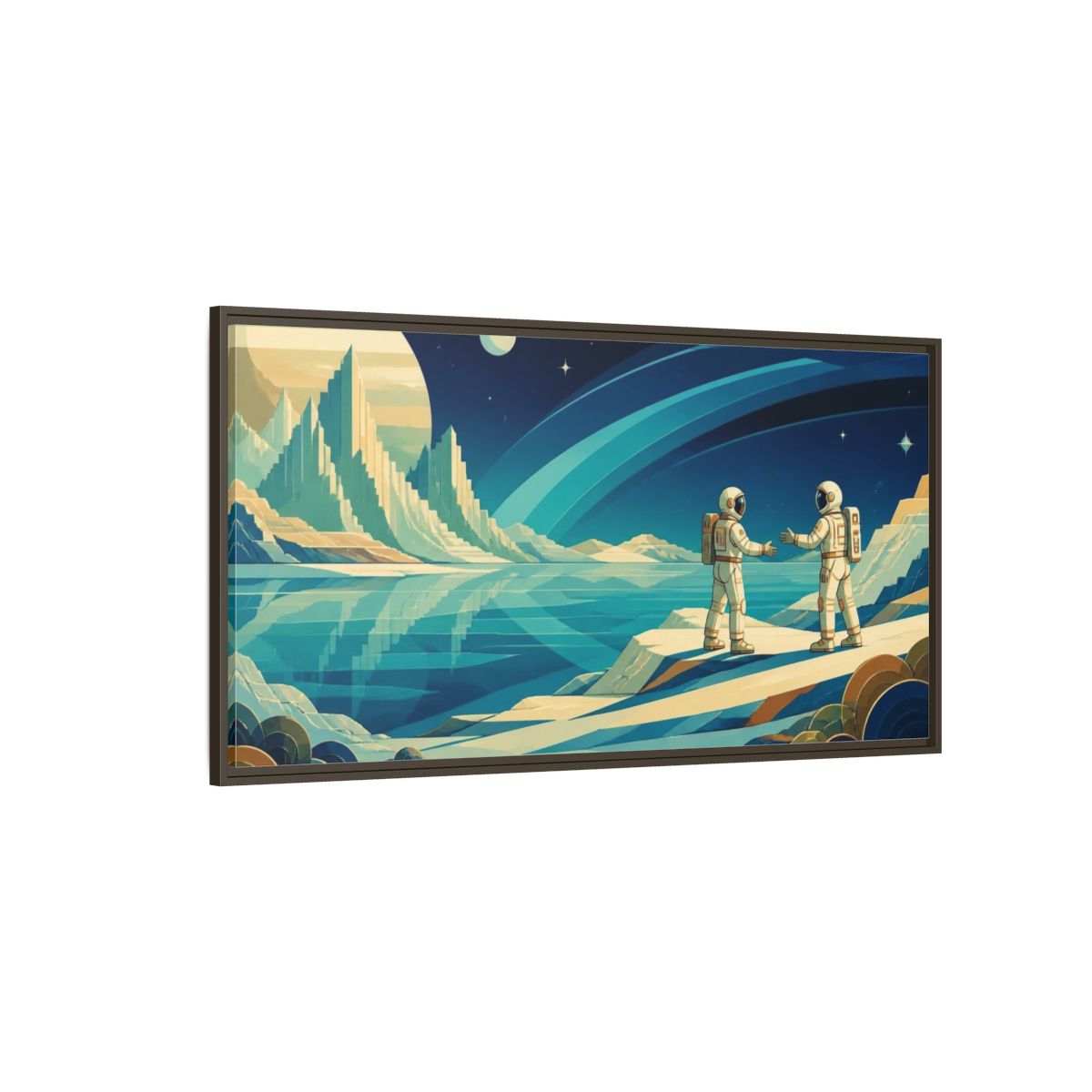 Side Mockup 4. Astronauts On Frozen Lake shown as framed canvas print