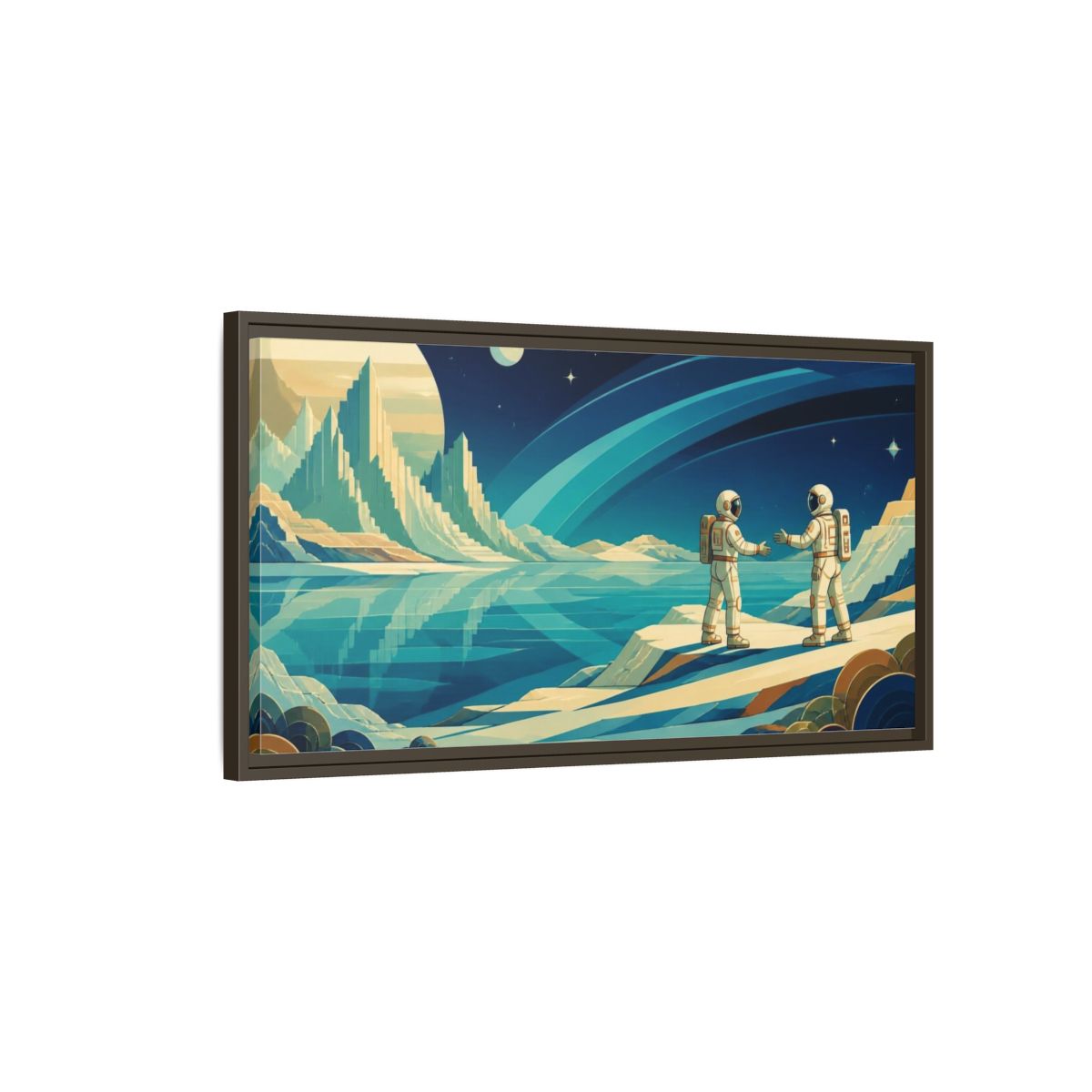 Main Mockup. Astronauts On Frozen Lake shown as framed canvas print