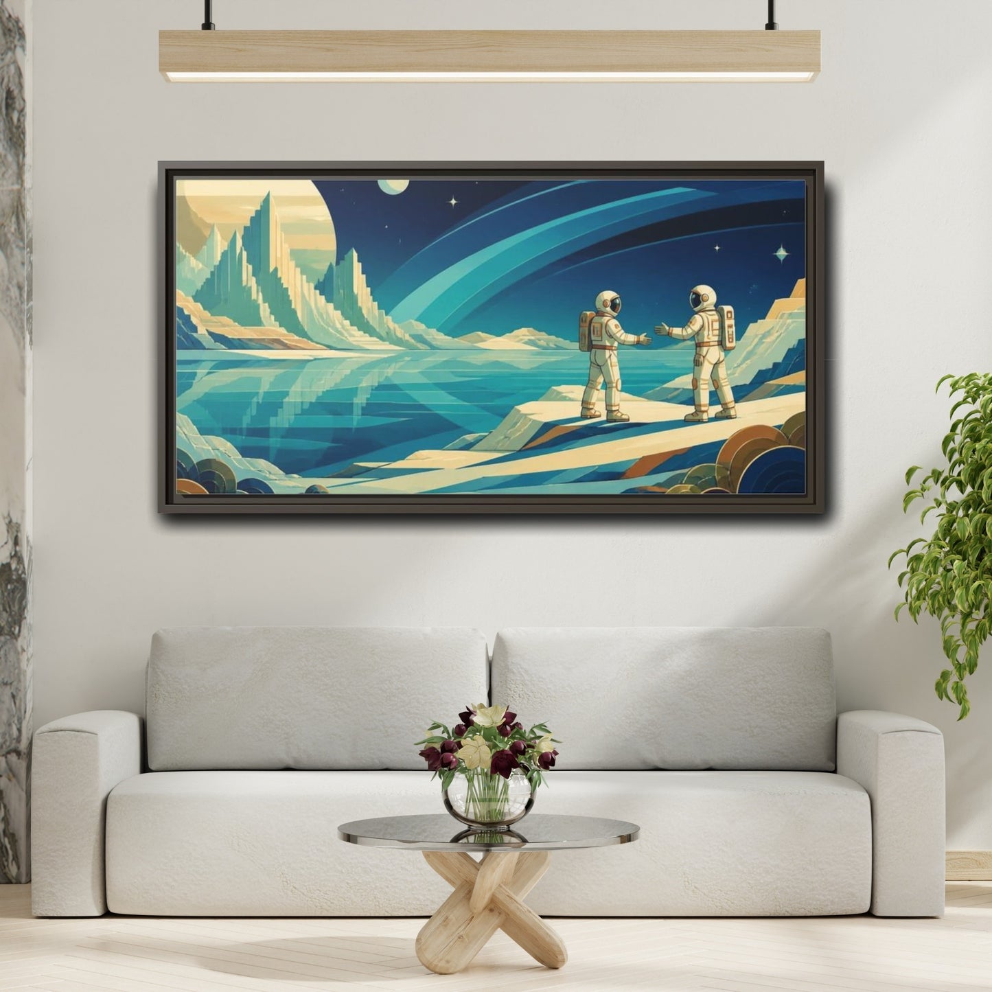 Mockup 2. Astronauts On Frozen Lake shown as framed canvas print