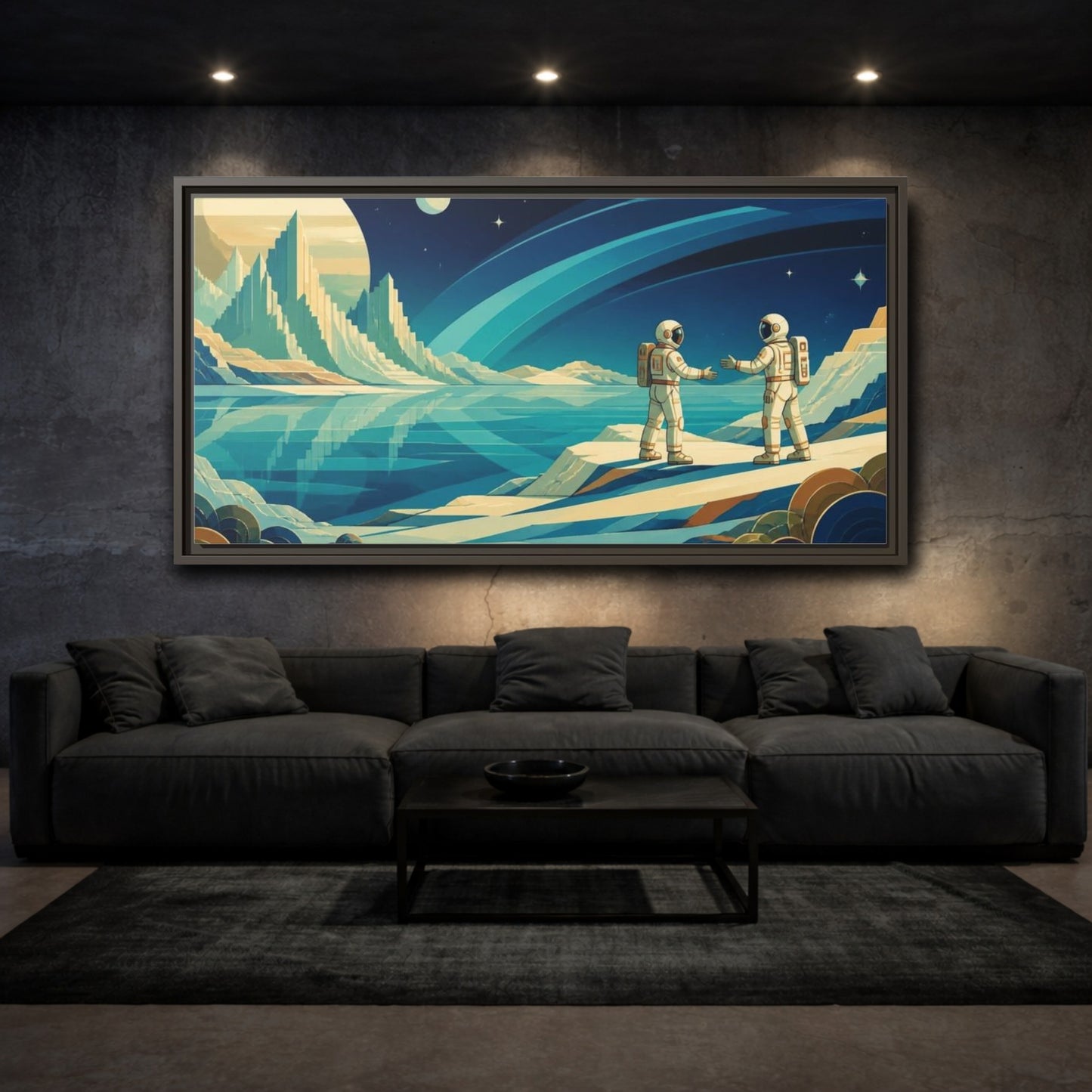 Mockup 3. Astronauts On Frozen Lake shown as framed canvas print