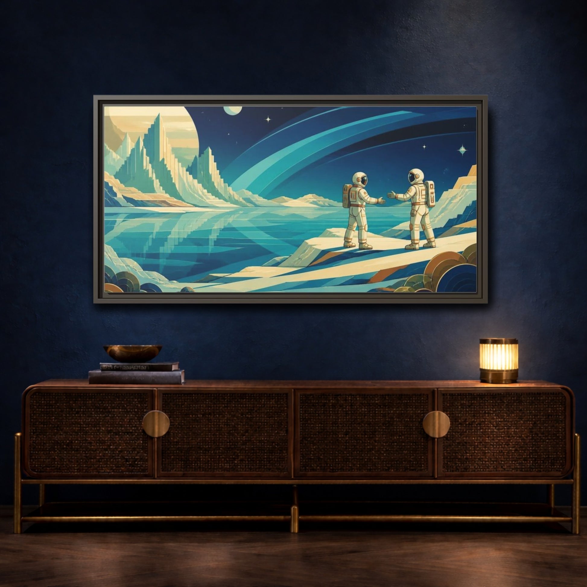 Mockup 4. Astronauts On Frozen Lake shown as framed canvas print
