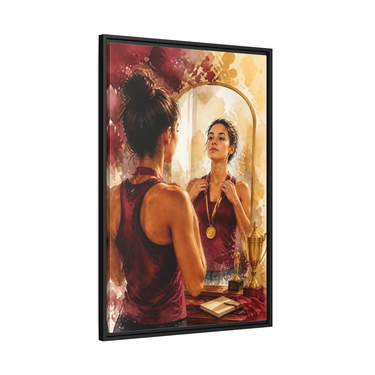 Side Mockup 13. Athlete In The Mirror shown as framed canvas print