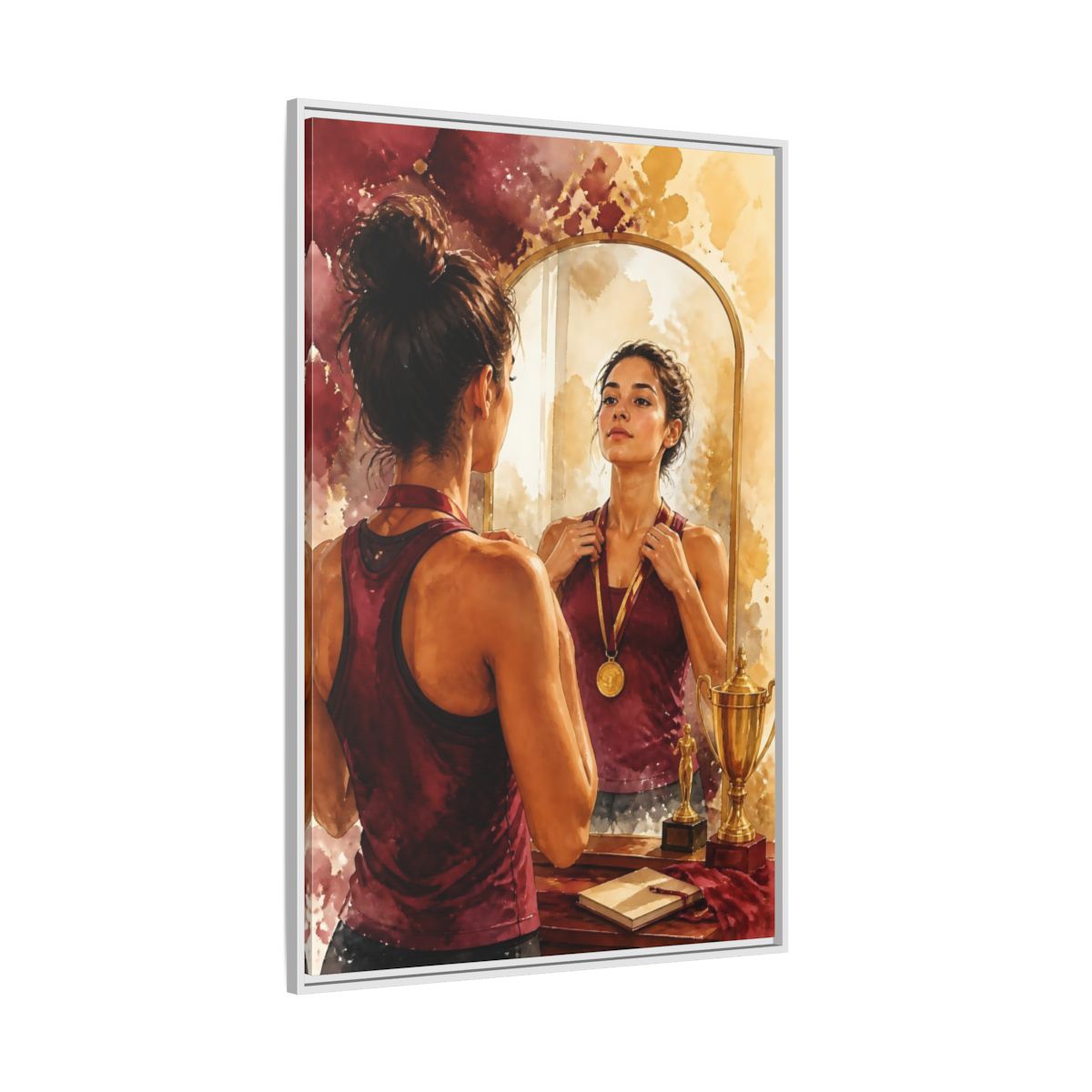 Side Mockup 7. Athlete In The Mirror shown as framed canvas print