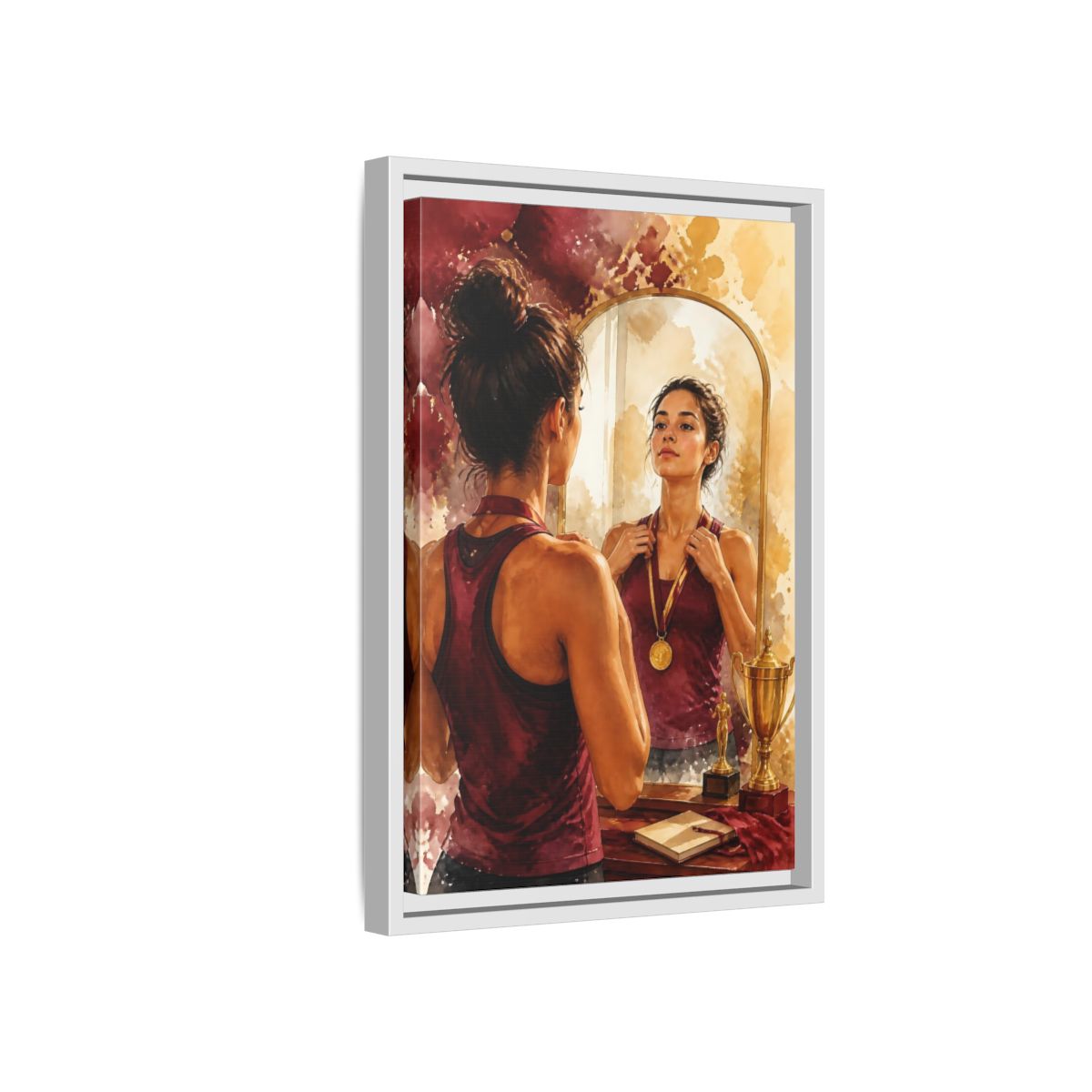 Side Mockup 4. Athlete In The Mirror shown as framed canvas print
