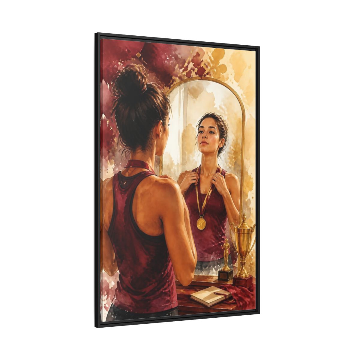 Side Mockup 12. Athlete In The Mirror shown as framed canvas print