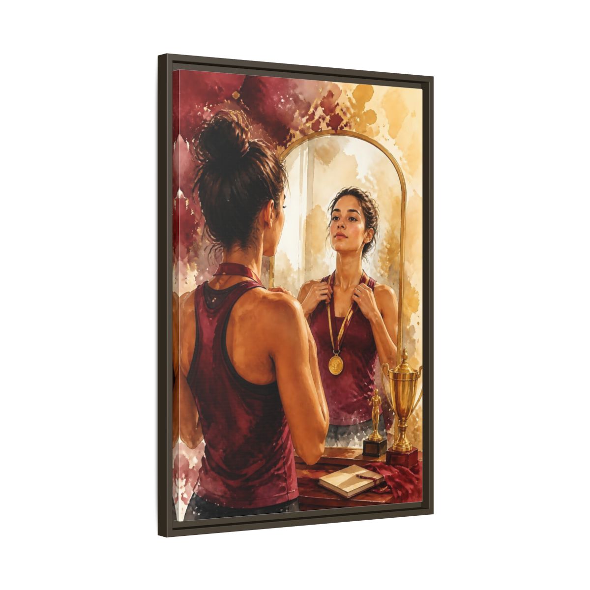 Side Mockup 11. Athlete In The Mirror shown as framed canvas print