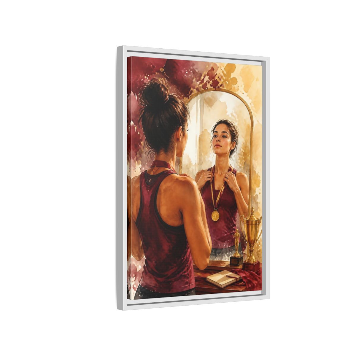 Side Mockup 1. Athlete In The Mirror shown as framed canvas print