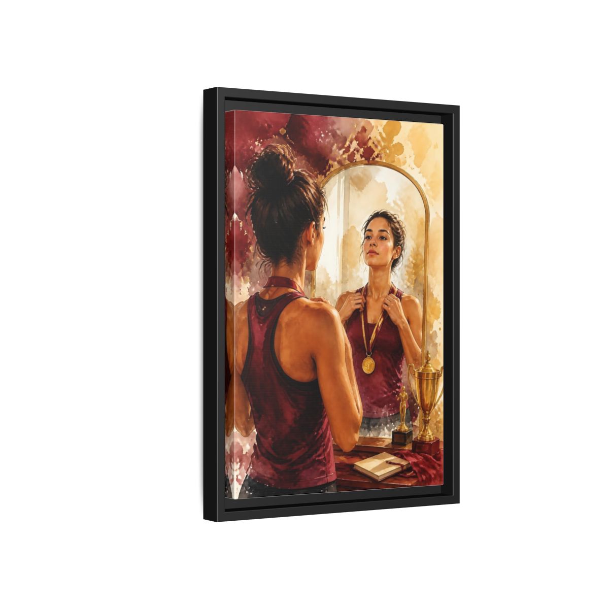 Side Mockup 6. Athlete In The Mirror shown as framed canvas print