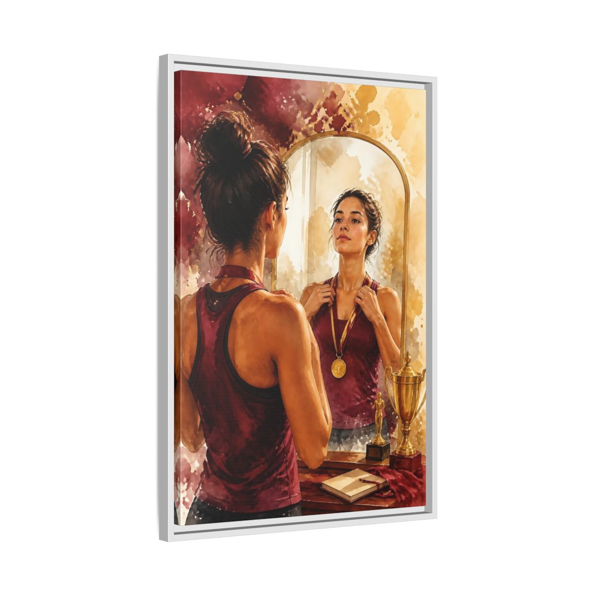 Side Mockup 10. Athlete In The Mirror shown as framed canvas print
