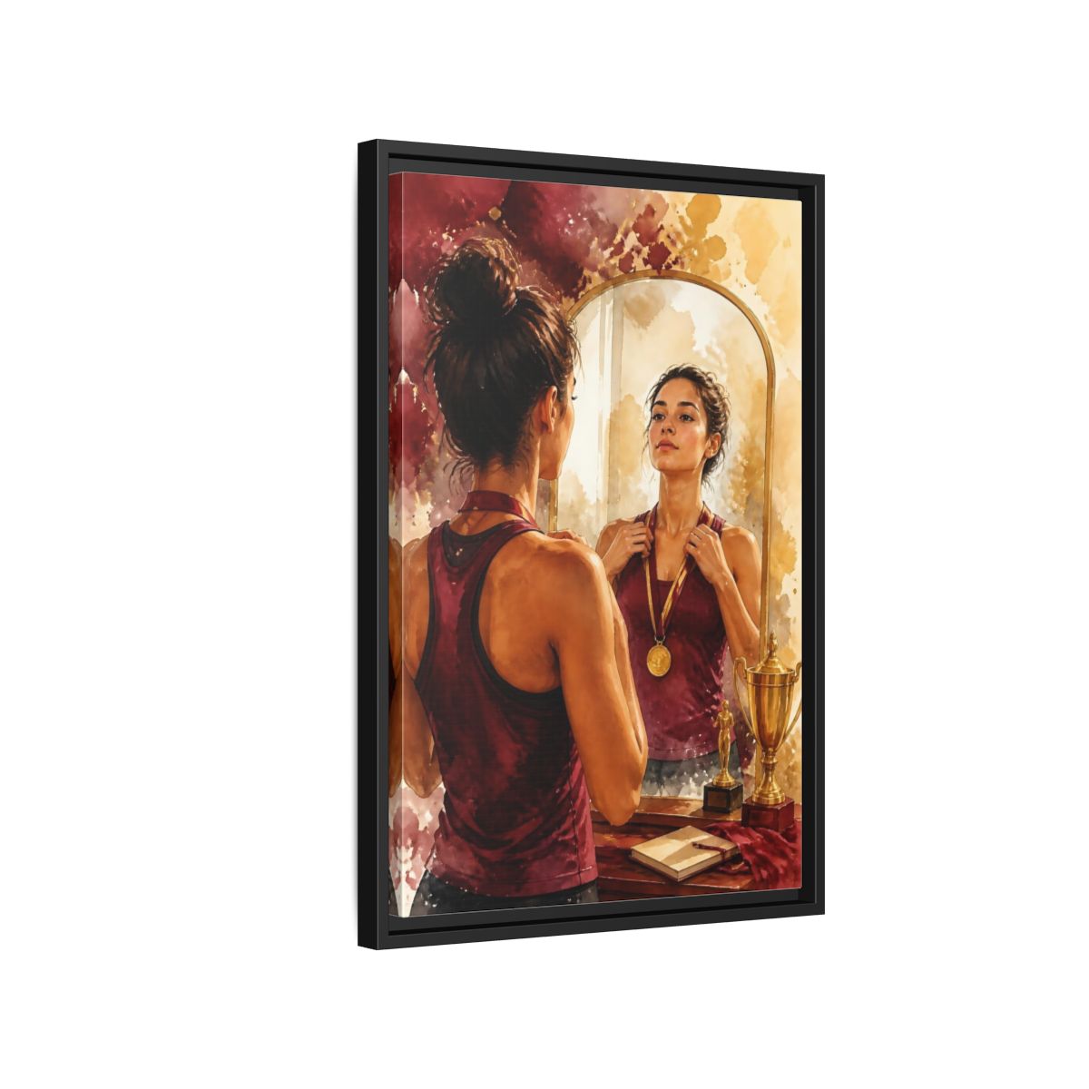 Side Mockup 3. Athlete In The Mirror shown as framed canvas print