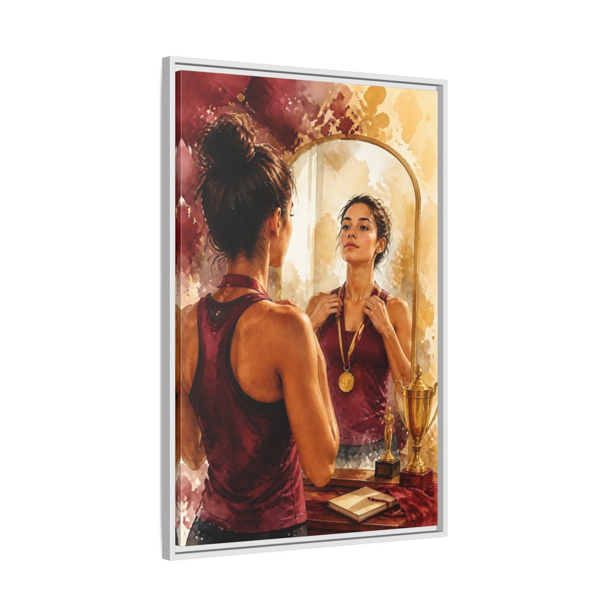 Side Mockup 9. Athlete In The Mirror shown as framed canvas print