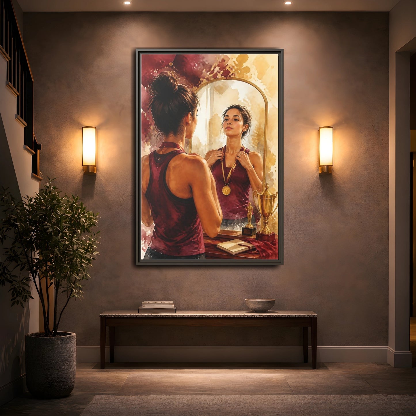 Mockup 2. Athlete In The Mirror shown as framed canvas print